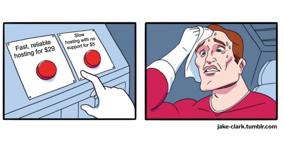 Dilemma meme (jake-clark.tumblr.com) with buttons saying 'Fast, reliable hosting for $29' and 'Slow hosting with no support for $5'