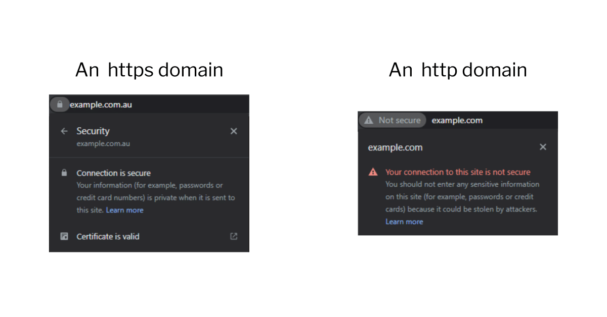 Screenshot of what you can see in Chrome when you click on the padlock for an HTTPS page or a 'not secure' warning for an HTTP page