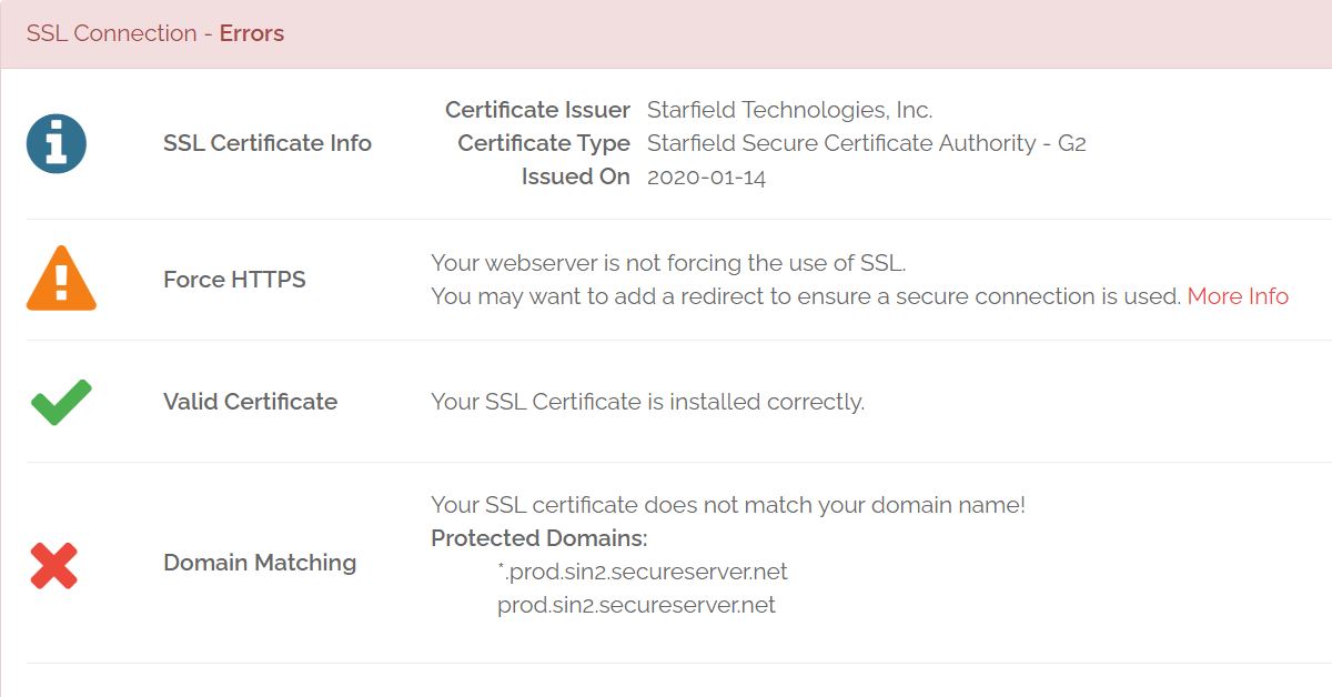Screenshot of a Why No Padlock scan of a website, showing some reasons for an SSL error