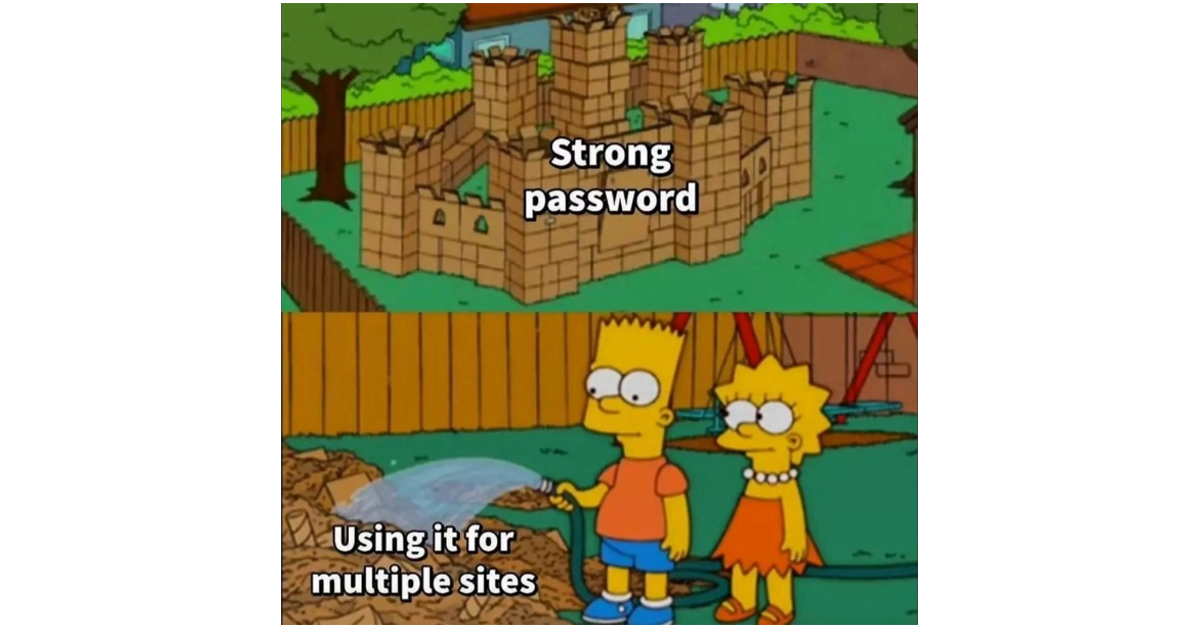 Simpsons cardboard fort meme. The cardboard fort says 'Strong password'. The fort when it falls apart with Bart hosing it down says 'Using it for multiple sites'.