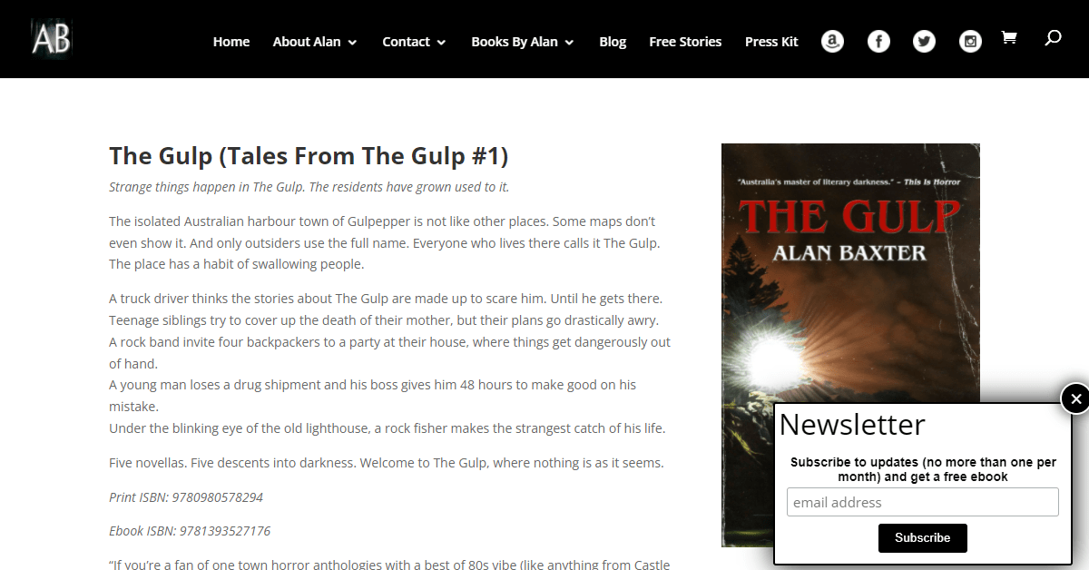 Screenshot of a book page from AlanBaxterOnline.com with the newsletter popup showing in the bottom right, not blocking the screen.