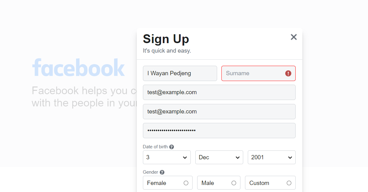 Screenshot of an I Wayan Pedjen trying to sign up for Facebook, putting this into the Name field as the most appropriate one and being rejected for not filling out the compulsory Surname field.