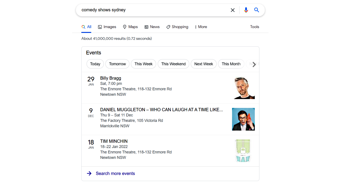 Screenshot of Google search results for 'comedy shows sydney' showing a special box of events listed by day which the user can interact with filtering down their choice