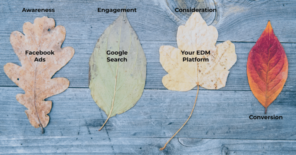 4 leaves on a table representing a user journey: FB ads, Google search, your EDM platform and conversion