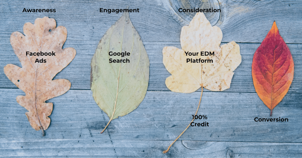 4 leaves on a table representing a user journey: FB ads, Google search, your EDM platform and conversion, with the EDM leaf getting 100% of conversion credit